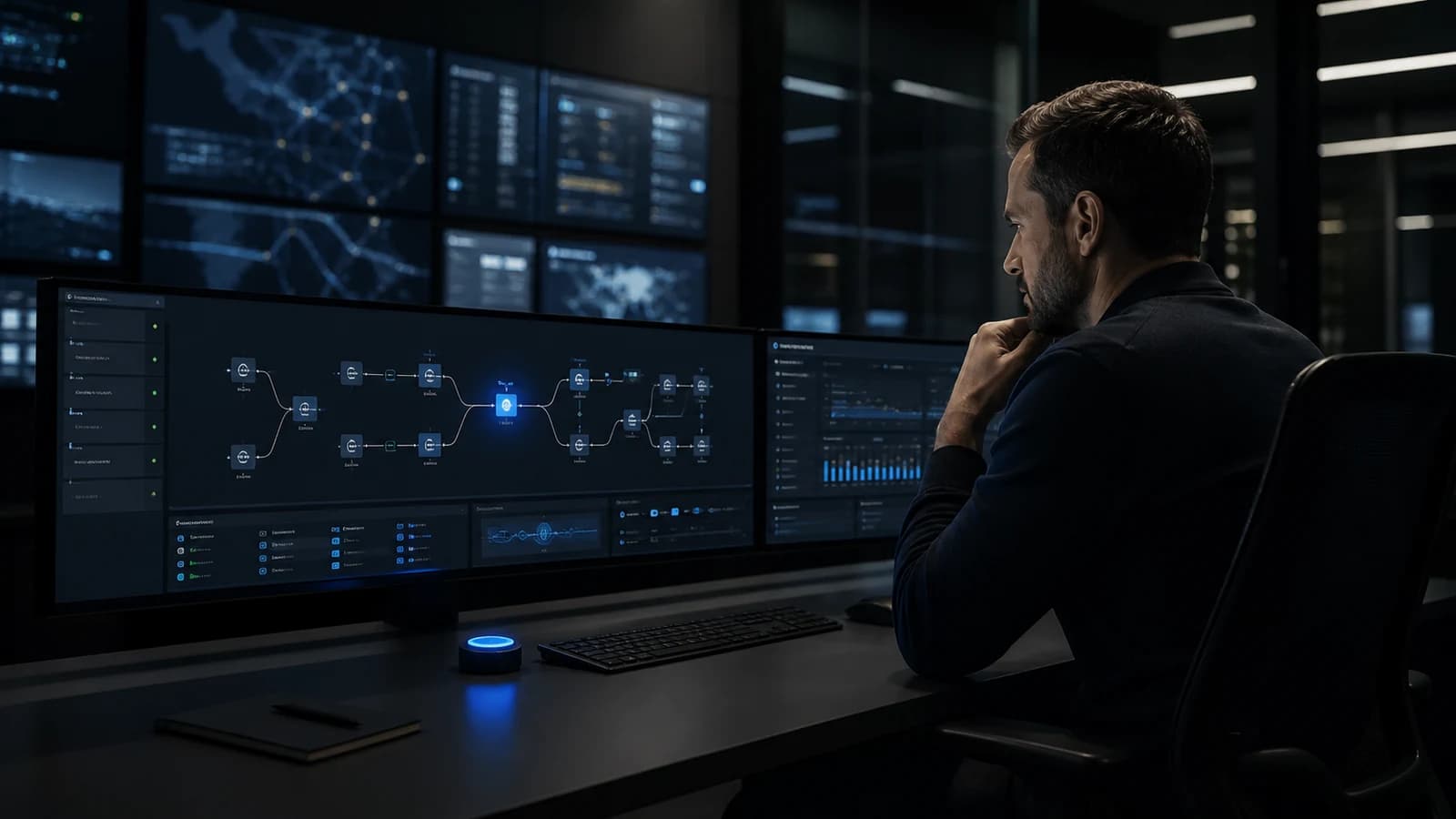 An operations engineer monitoring a branching agent workflow in a realistic control room