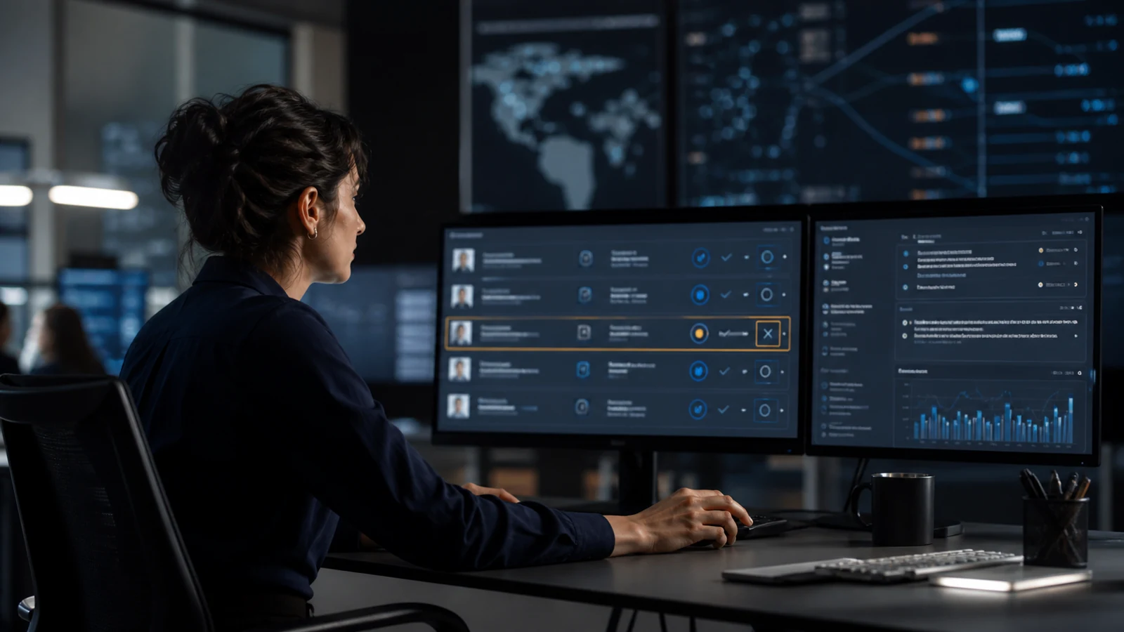 A revenue operations lead reviewing an AI-assisted qualification queue with approval controls