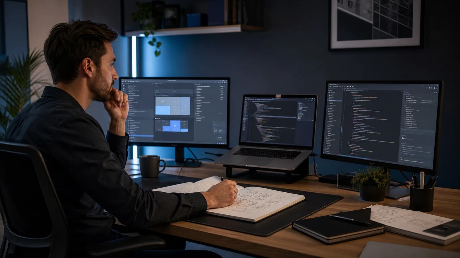 A product developer comparing browser builders and a repository-based code editor across three workstations