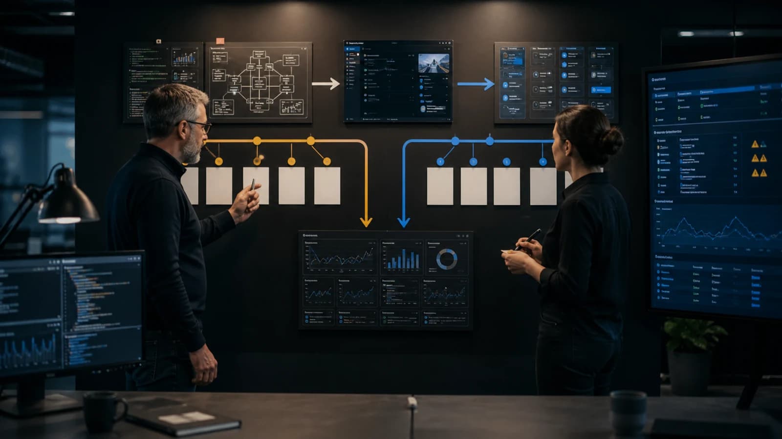 Two engineering leaders comparing feature development and codebase hardening paths on a control wall