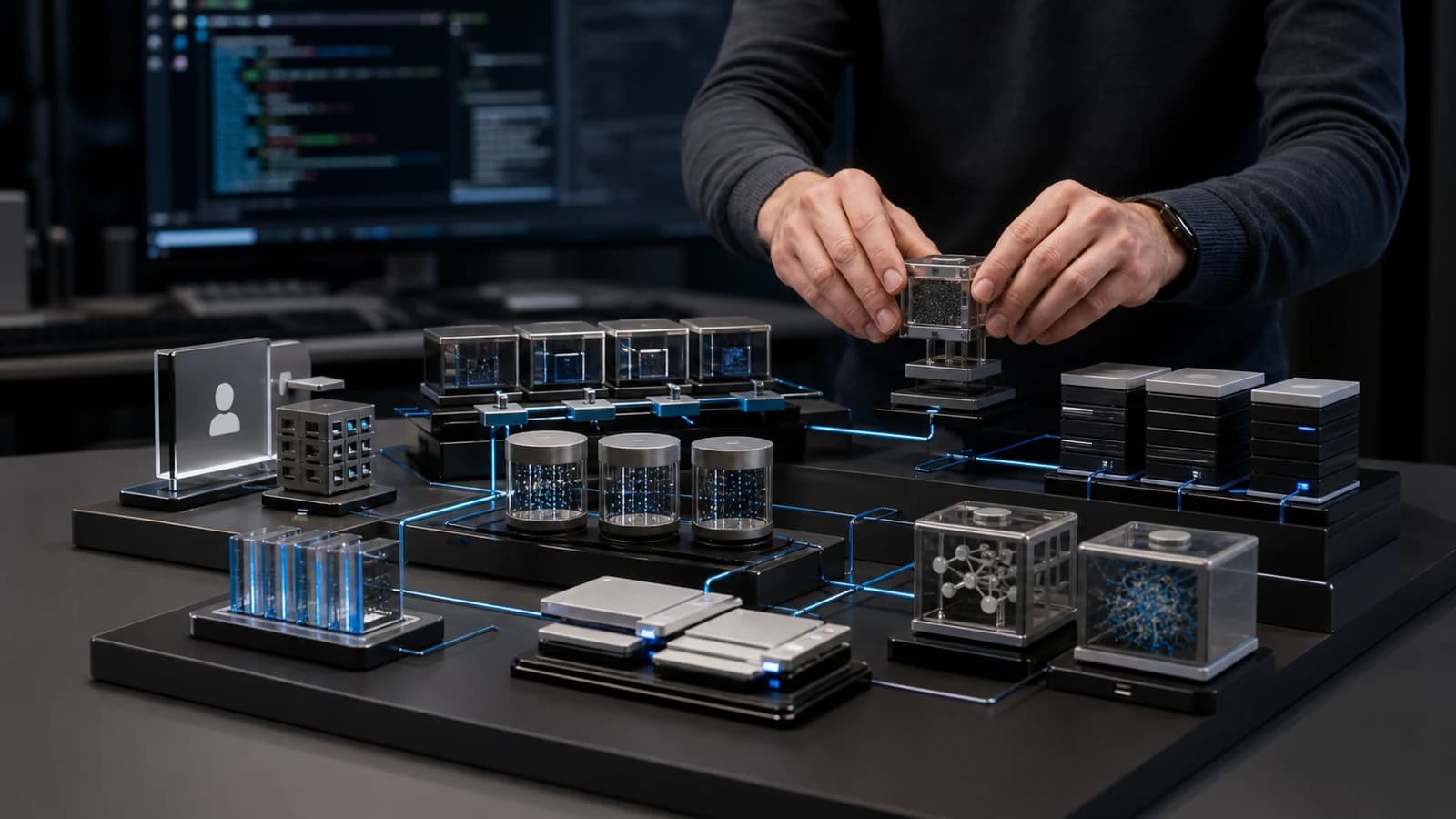 A physical modular model of an AI SaaS architecture with connected tenant and service layers