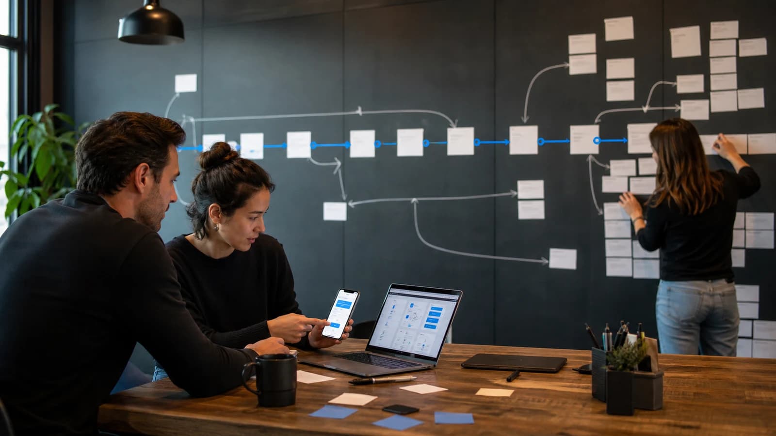 A small product team planning one focused SaaS workflow across a three-week delivery wall