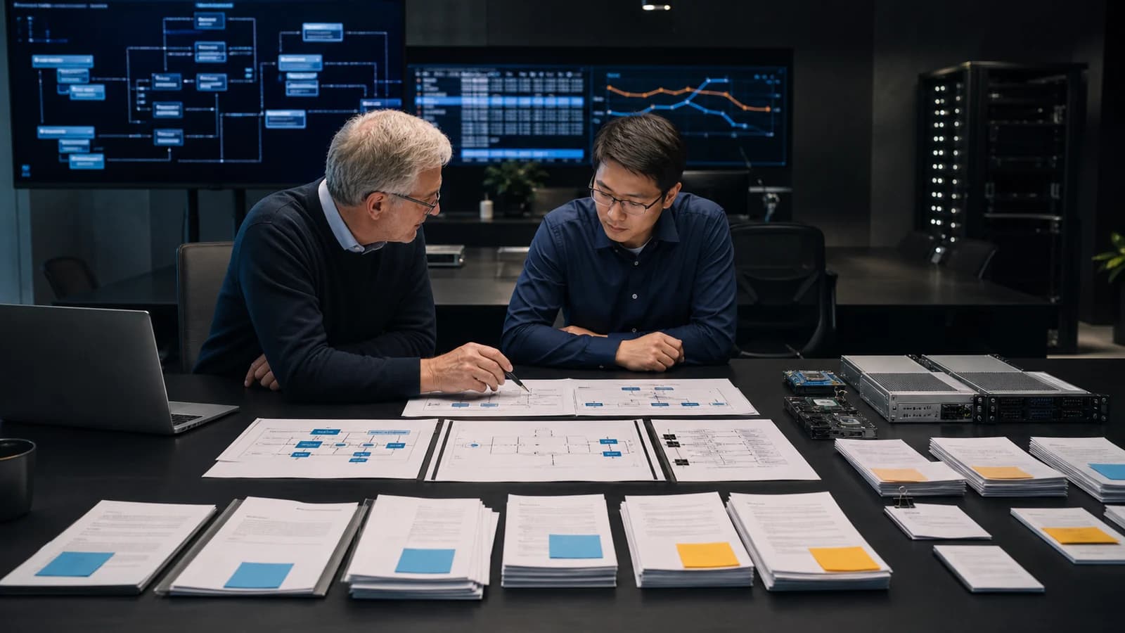 Two technical reviewers examining architecture records, test evidence, hardware, and operating documents