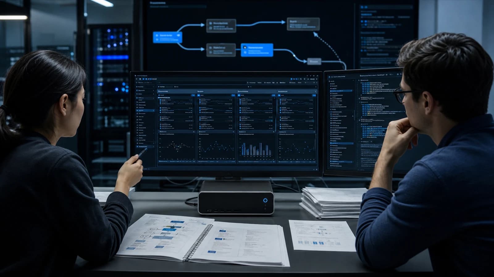 Two AI engineers evaluating model routes, quality signals, and production behavior on monitoring screens