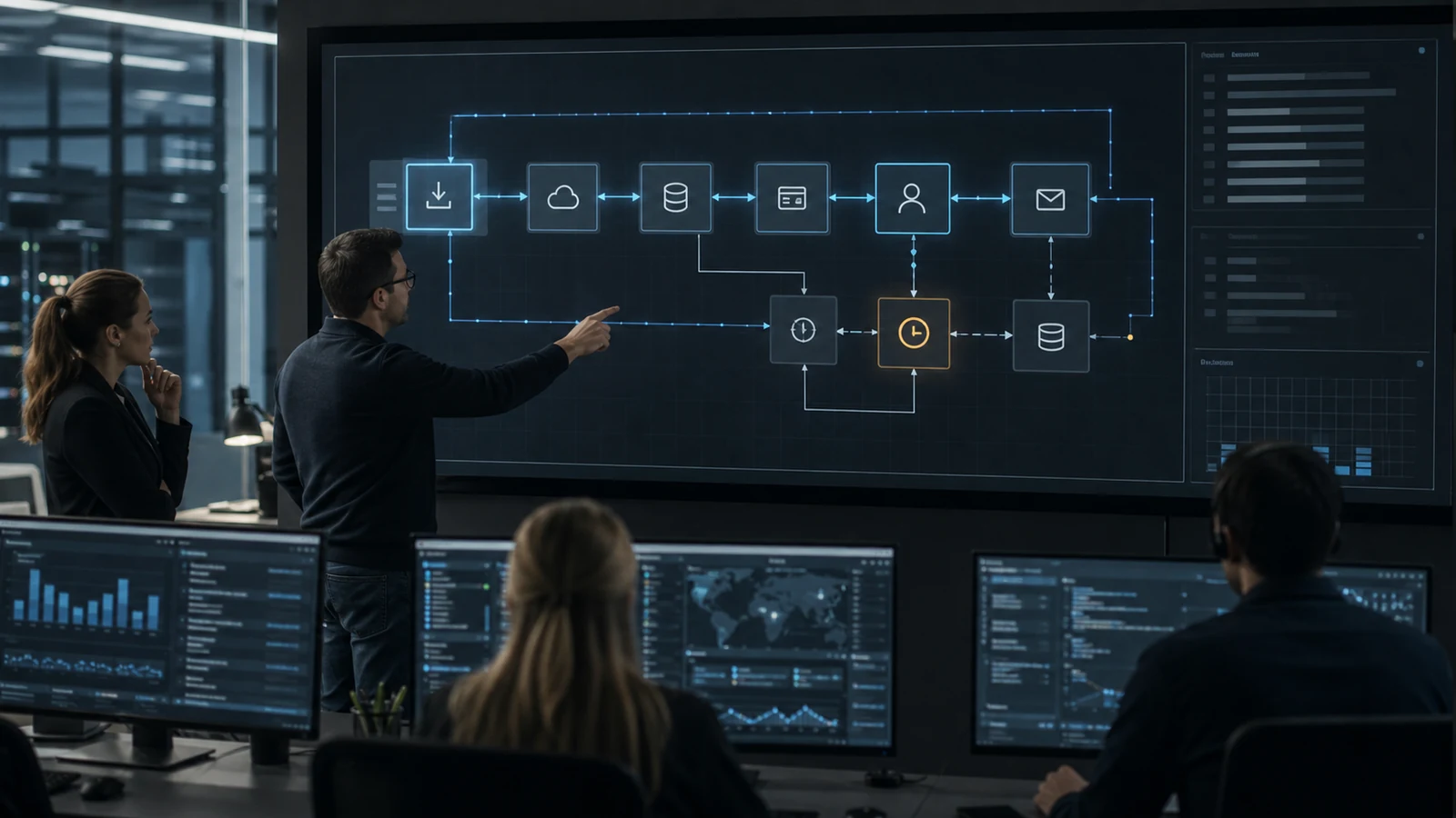 An operations team reviewing a connected automation workflow with retry and human approval stages