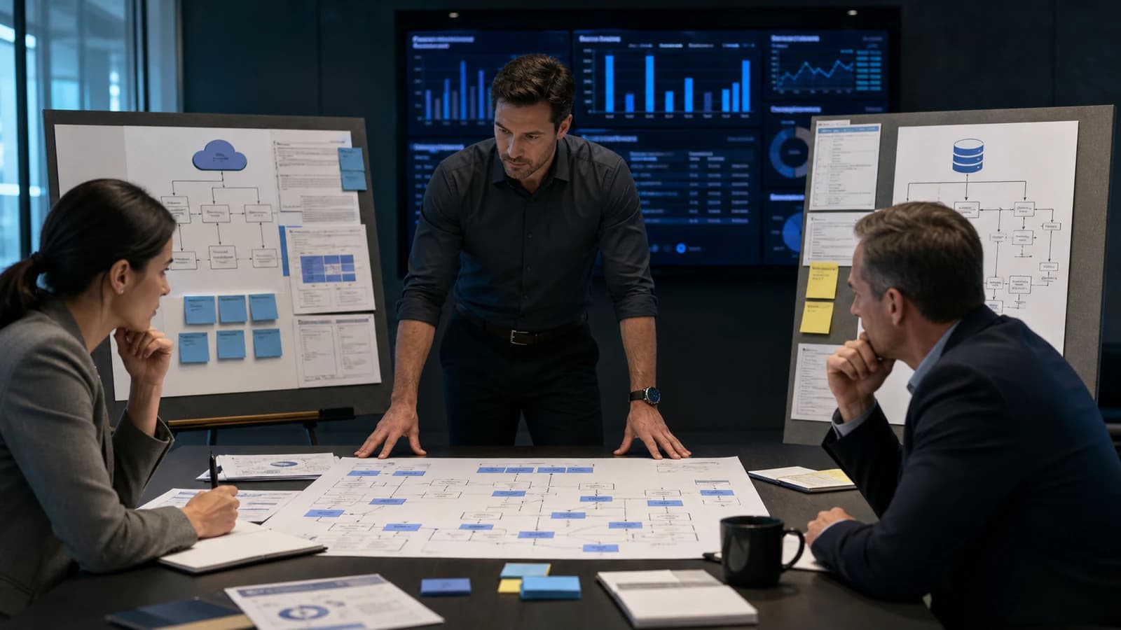 Operations leaders comparing custom and off-the-shelf system options around an architecture table
