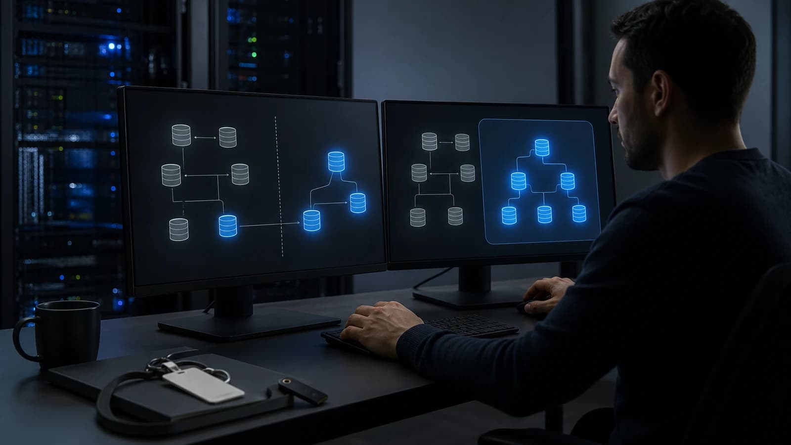 A security engineer reviewing identity and database access boundaries in a dark operations workspace
