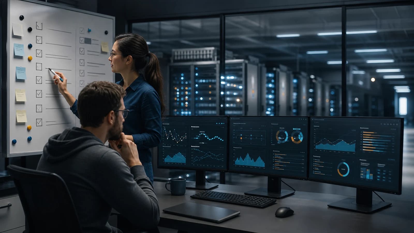 Engineers completing a product preflight review beside monitoring screens and production infrastructure