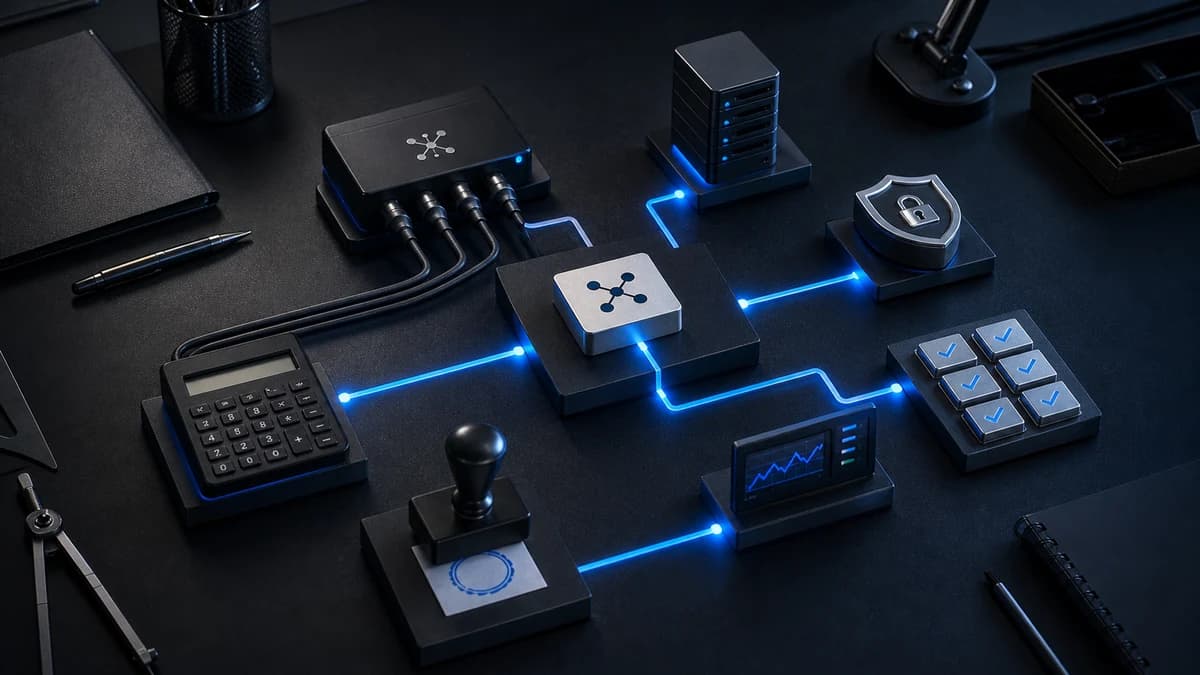 A dark physical AI agent system map connecting a calculator, integrations, security controls, evaluation checks, infrastructure, monitoring, and human approval