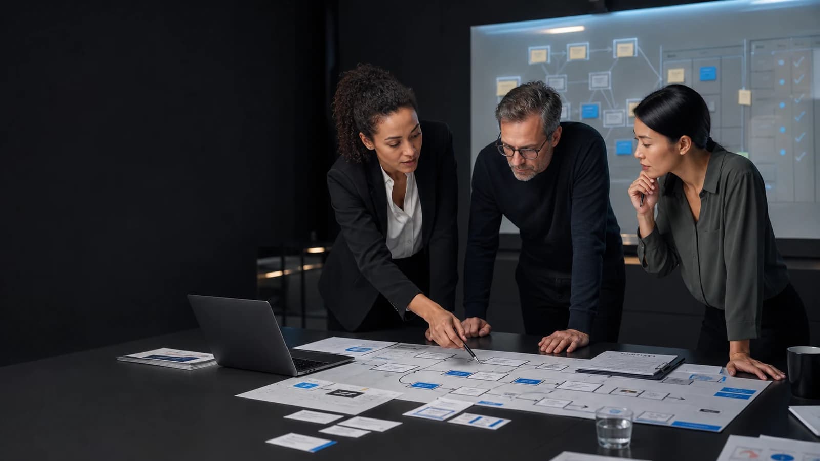 An operations lead, product owner, and technical architect comparing enterprise AI workflow candidates around a process map
