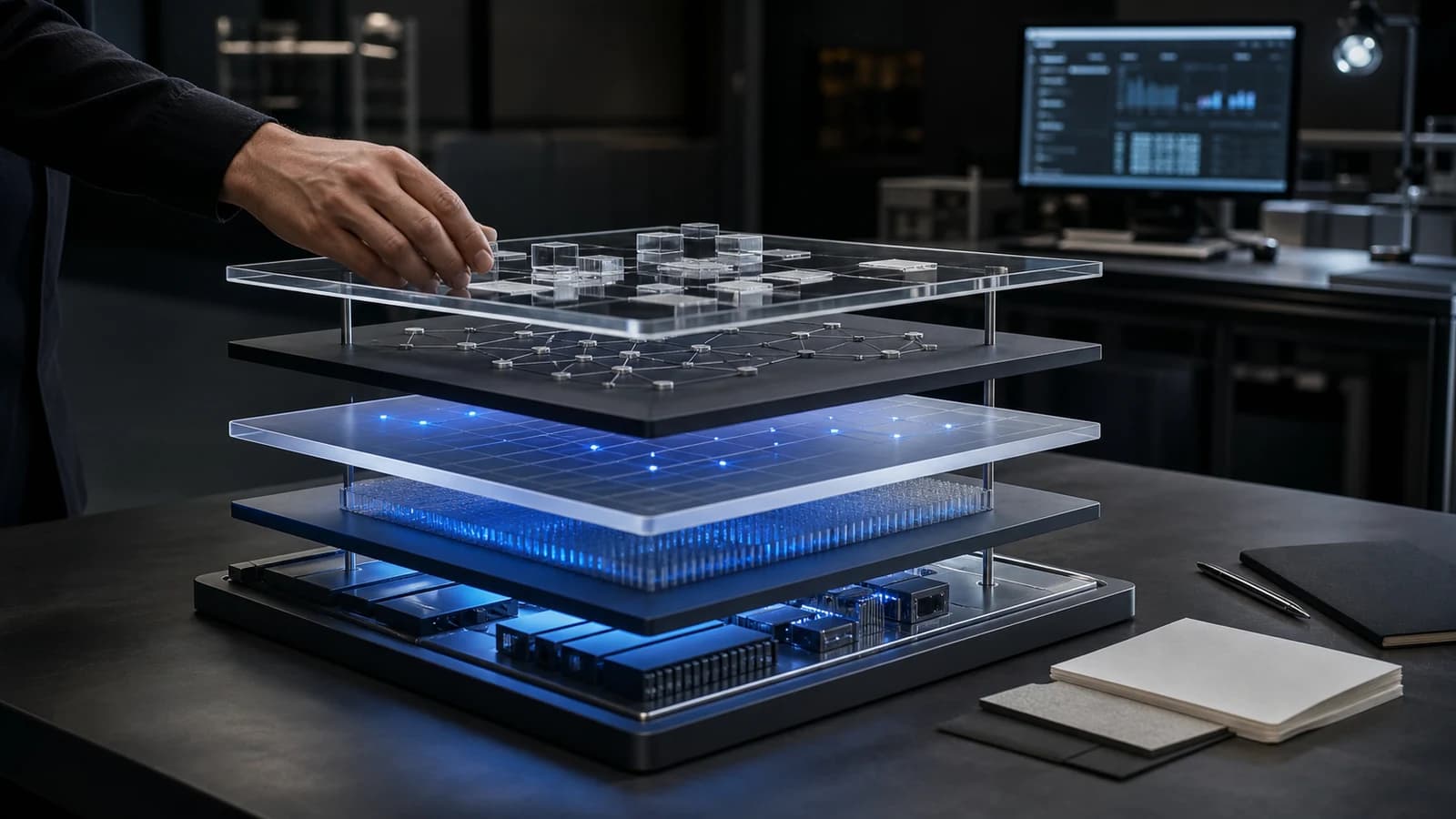 A physical layered AI system model representing data, evaluation, workflow, and execution capabilities