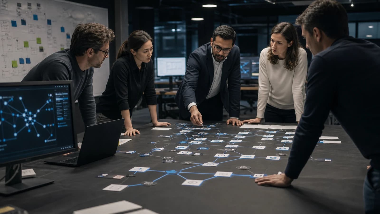 A cross-functional team connecting workflow, data, evaluation, and ownership on a planning table